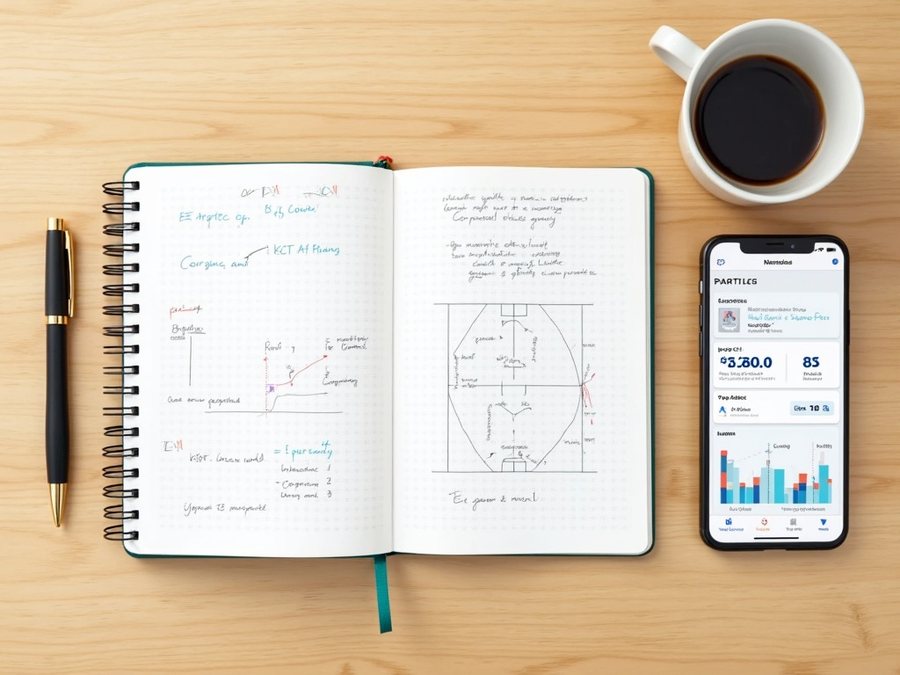 Caderno de análise tática com palpites e estatísticas do jogo